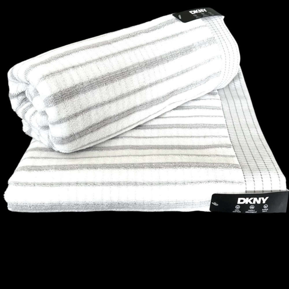 DKNY Cotton Bath Towels Set of 2 Gray & White Stripes NEW